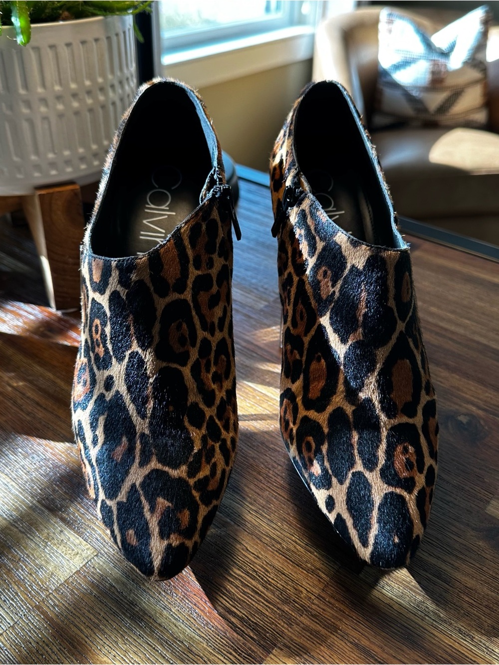 Calvin Klein Leopard Print Pointed Ankle Booties - Brown/Black